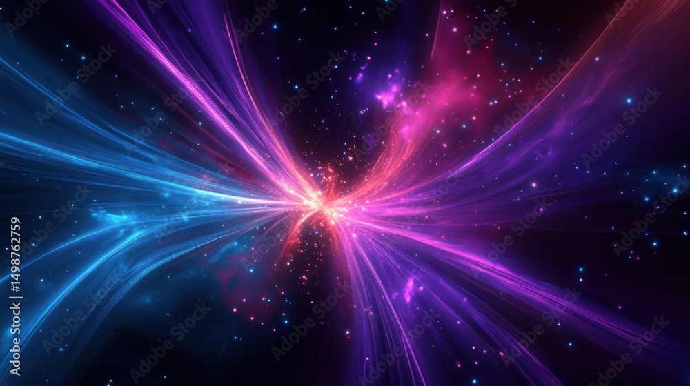 Vibrant cosmic explosion with swirling streams of blue and purple light converging at a radiant center surrounded by sparkling stars in deep space