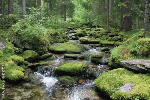 Tranquil Woodland Stream Cascading Over Verdant Moss Rocks