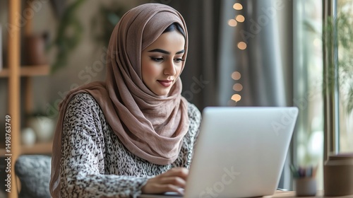 Muslim young woman in hijab working intently on her laptop in a minimalist home office setup
