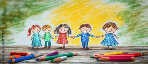 Colorful drawing of five happy children holding hands with colored pencils scattered in front on a wooden surface