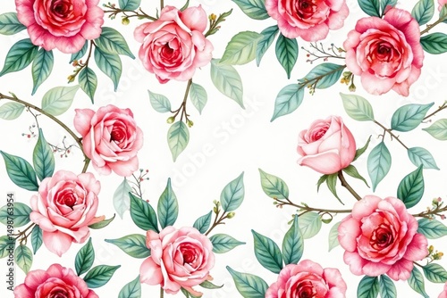 Delicate watercolor roses & leaves, repeating pattern, graphic, seamless pattern, home