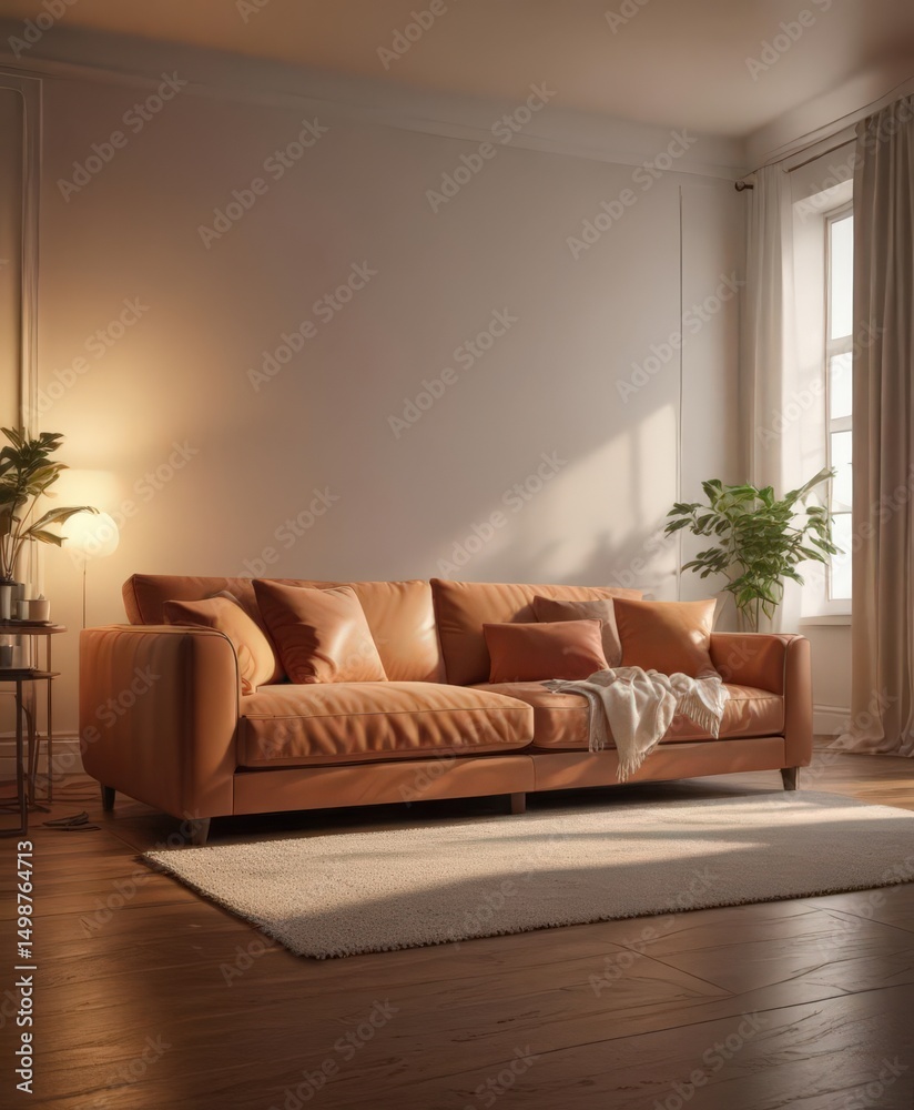 Fototapeta premium Warm lighting illuminates plush sofa, throw pillows scattered on floor , furniture, comfortable