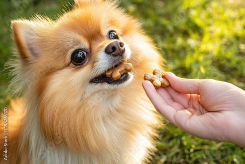 Small fluffy dog with golden fur eagerly holding a bone-shaped treat in its mouth while a hand offers another treat outdoors on green grass