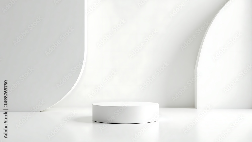 Fototapeta premium Minimalist white cylinder podium displaying product with modern arched wall design