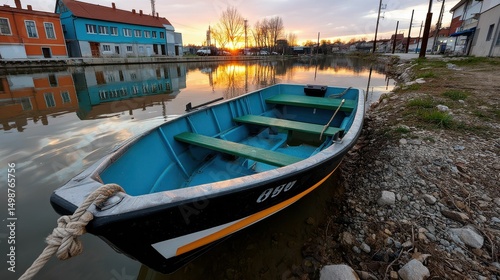 Tranquil Sunset Over Calm Water with a Colorful Fishing Boat on a Serene Shoreline at Dusk