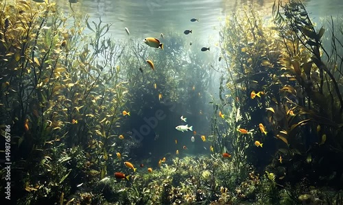 Sunbeams illuminate an underwater scene teeming with diverse fish species amidst lush aquatic vegetation