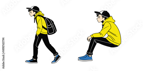 young boy walking and sitting cartoon silhouette colorful