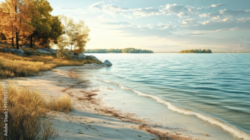 Scenic autumnal shoreline.  Tranquil lake with golden foliage and soft sunlight
