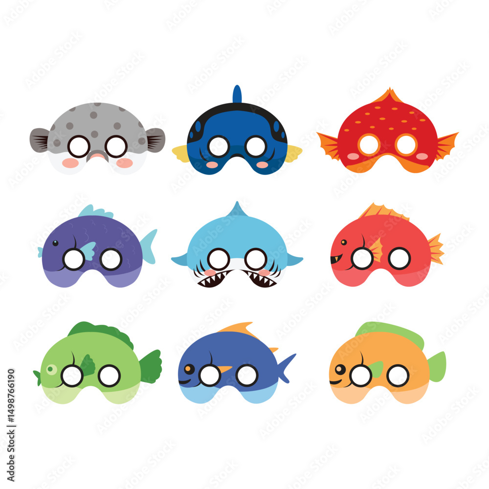 Fototapeta premium Set Fish Birthday Mask Flat Design Cartoon Icon Illustration