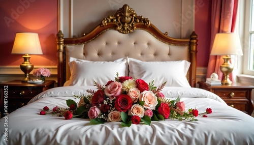 A luxurious bed adorned with a lavish bouquet of vibrant flowers, creating a romantic and dreamy atmosphere Perfect for wedding, floral, and luxury themes , stems, design