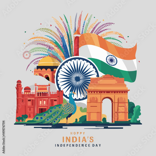 A colorful vector illustration celebrating India’s Independence Day. Includes Indian landmarks like India Gate, Red Fort, the Ashoka Chakra, the national flag, a peacock, and vibrant fireworks in the 