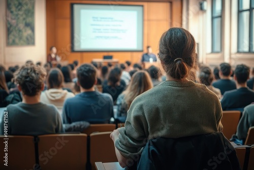 Audience seated in a classroom or lecture hall attentively watching a presentation on a large screen in a well-lit room with windows