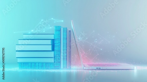 Digital learning concept. Books and laptop connected by digital lines