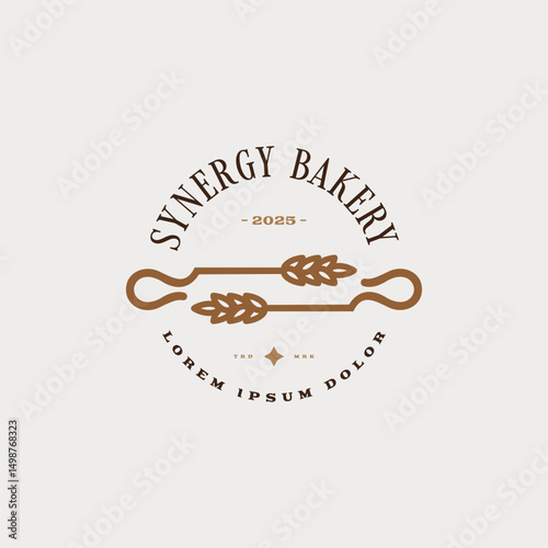 Bakery business logo with simple line of rolling pin and wheat. Round text label style look balance and compact for logo