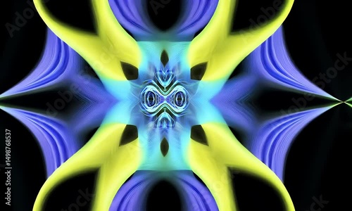 Symmetrical abstract artwork featuring swirling, translucent forms in shades of blue, green, and yellow against a black background