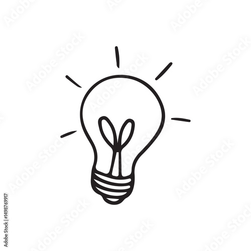 Black Outline Light Bulb with Glow Lines.  Idea icon vector illustration