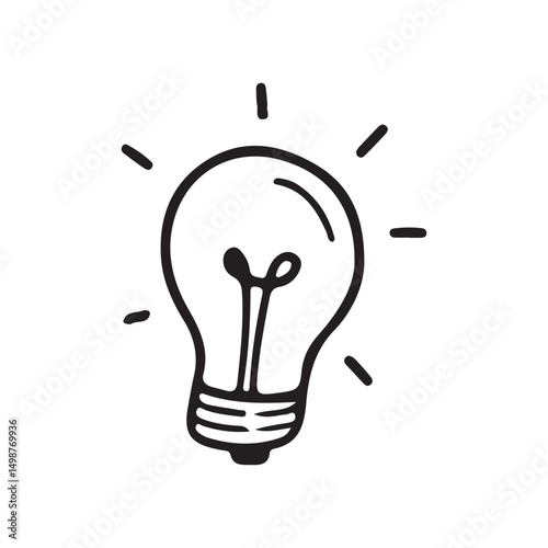 Black Outline Light Bulb with Glow Lines.  Idea icon vector illustration