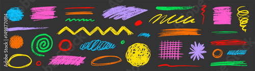Crayon pencil scribble chalk texture brush stroke element set. Hand drawn crayon pencil brush stroke texture line color shape vector. Children color chalk scratch hand drawn style. Vector illustration