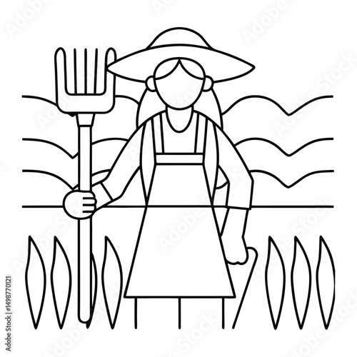 Simple Line Art Illustration of a Female Farmer with Pitchfork