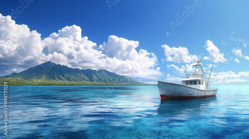 Fishing boat at sea, sunny day