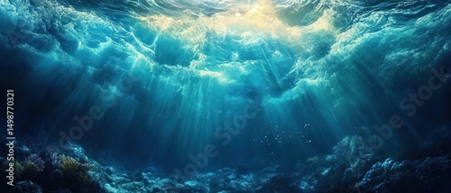 Fototapeta Naklejka Na Ścianę i Meble -  Sunlight rays penetrating deep into a vibrant underwater ocean scene with visible coral formations and clear blue water