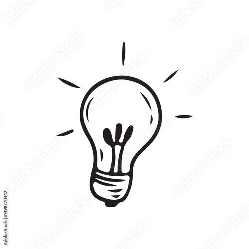 Black Outline Light Bulb with Glow Lines.  Idea icon vector illustration