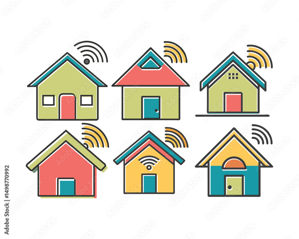 Fototapeta premium Colorful Icons of Smart Homes Connected to Wi-Fi.