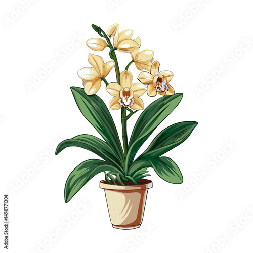 Yellow Cymbidium orchid flowers with green leaves in a pot, illustration style, white background, concept of home decor