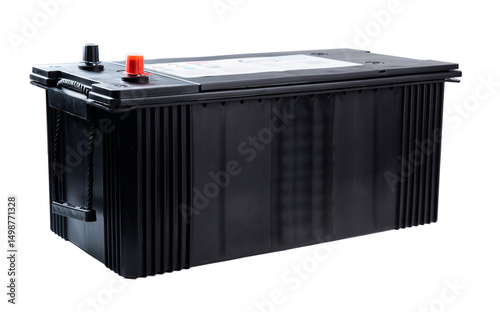 Single wide black truck battery with side handles for easy lifting. Heavy-duty power unit isolated on white background. Perfect for catalog or store.