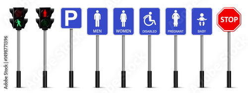 Traffic light signs. Street symbol. Men, Women, Disabled, Pregnant, Baby and Stop sign. Restroom icon. WC sign vector.