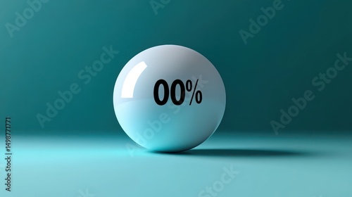 Smooth reflective white sphere with black zero percent text on teal gradient background casting soft shadow