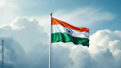 Indian flag waving in the wind against a beautiful blue sky and clouds