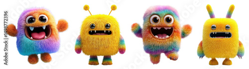 PNG Colorful fuzzy cartoon monsters, element set on transparent background