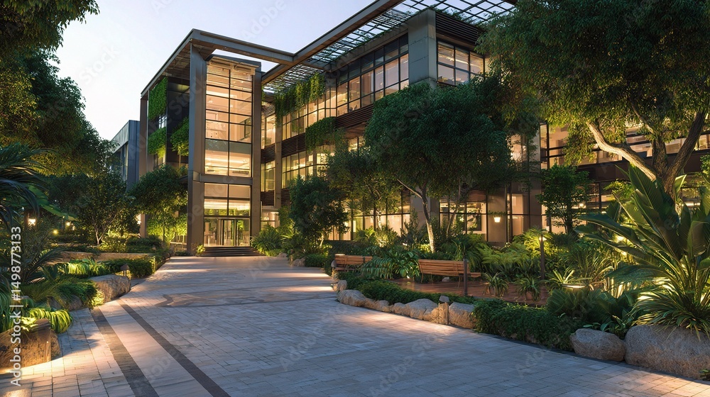 Obraz premium Eco-Friendly Modern Office Building in Tropical Landscape