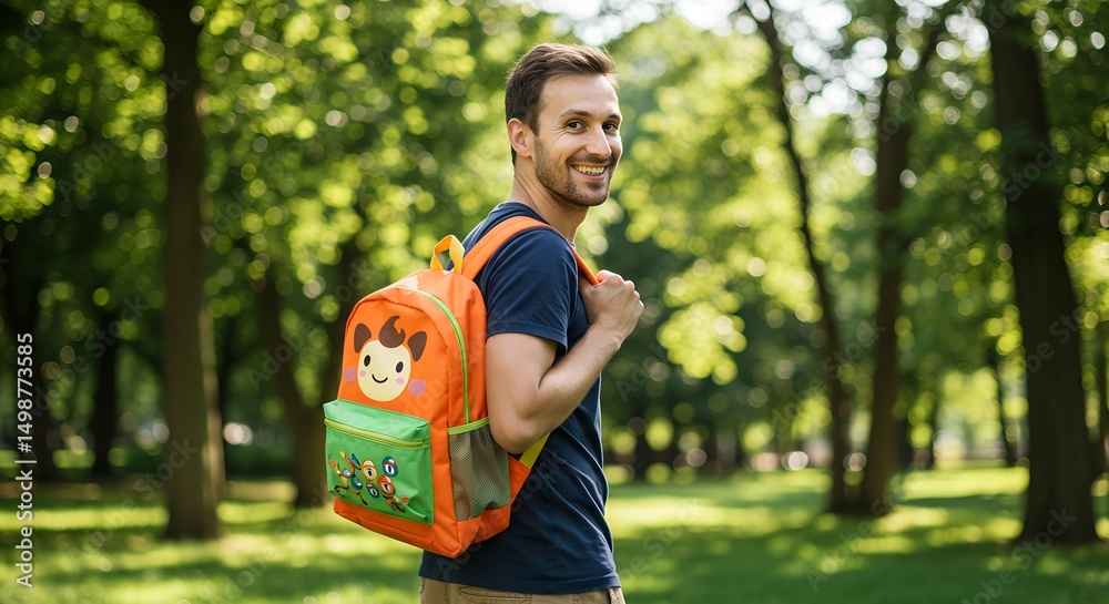 Naklejka premium Young man smiling while carrying a colorful backpack in the park 