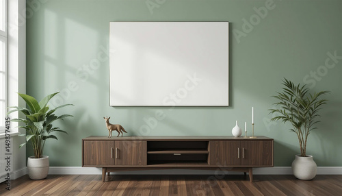 Modern Living Room Interior Design  Green Wall  Wooden Console  Plants  Mockup