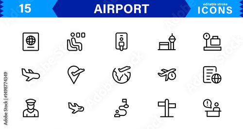 Airport vector line icon set. Contains linear outline icons like Plane, Ticket, Baggage, Terminal, Passport, Luggage, Departure, Flight, Transport, Airplane. Editable use and stroke for web
