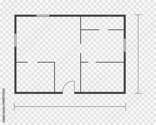Floorplan simple icon room flat apartment line drawing, floor plan project, symbol. Technical architecture draw. Structure shape, build layout with doors and windows.