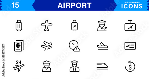 Airport vector line icon set. Contains linear outline icons like Plane, Ticket, Baggage, Terminal, Passport, Luggage, Departure, Flight, Transport, Airplane. Editable use and stroke for web