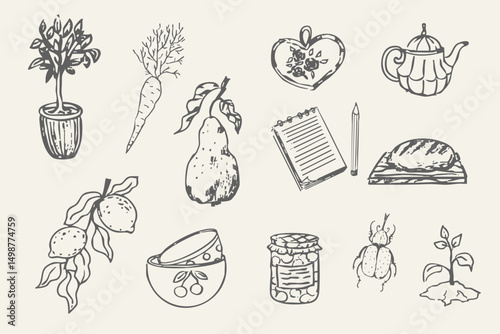 Retro cute whimsy farm themed cottage core aesthetic. Cottagecore set cosy country rural things sketch. Hobby collection, vegetables doodle.