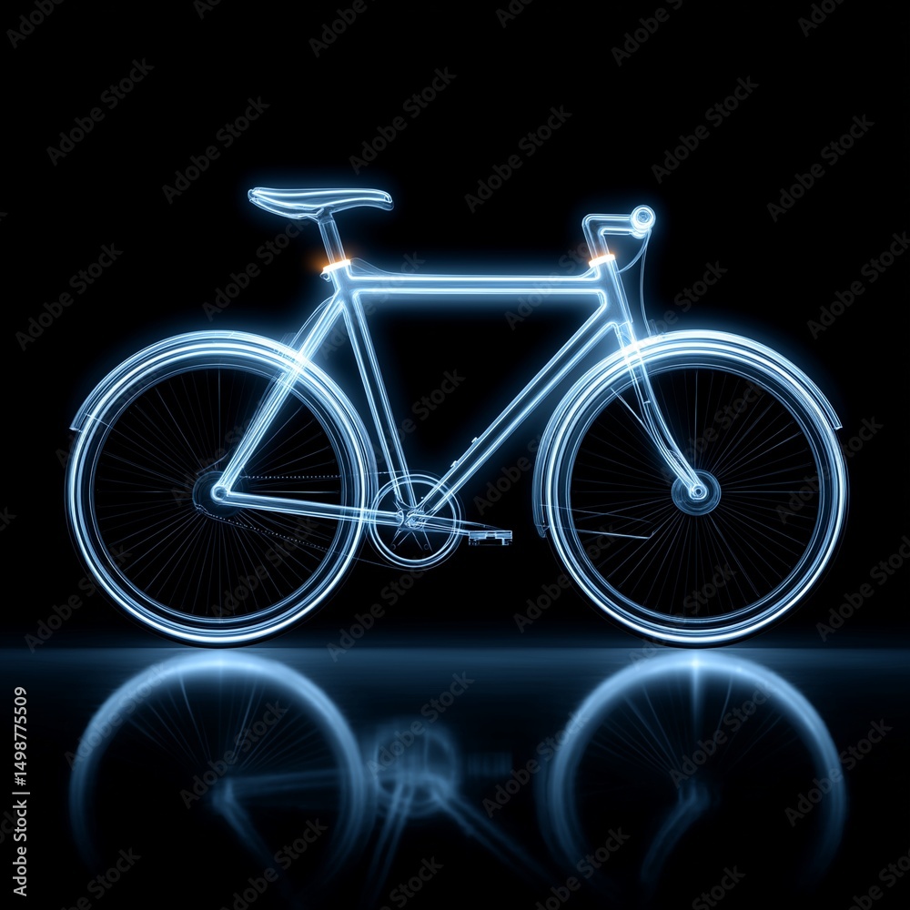 Fototapeta premium Minimalist neon outline of a bicycle on black background, glowing urban transport, sleek design