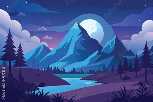 night landscape with forest vector illustration