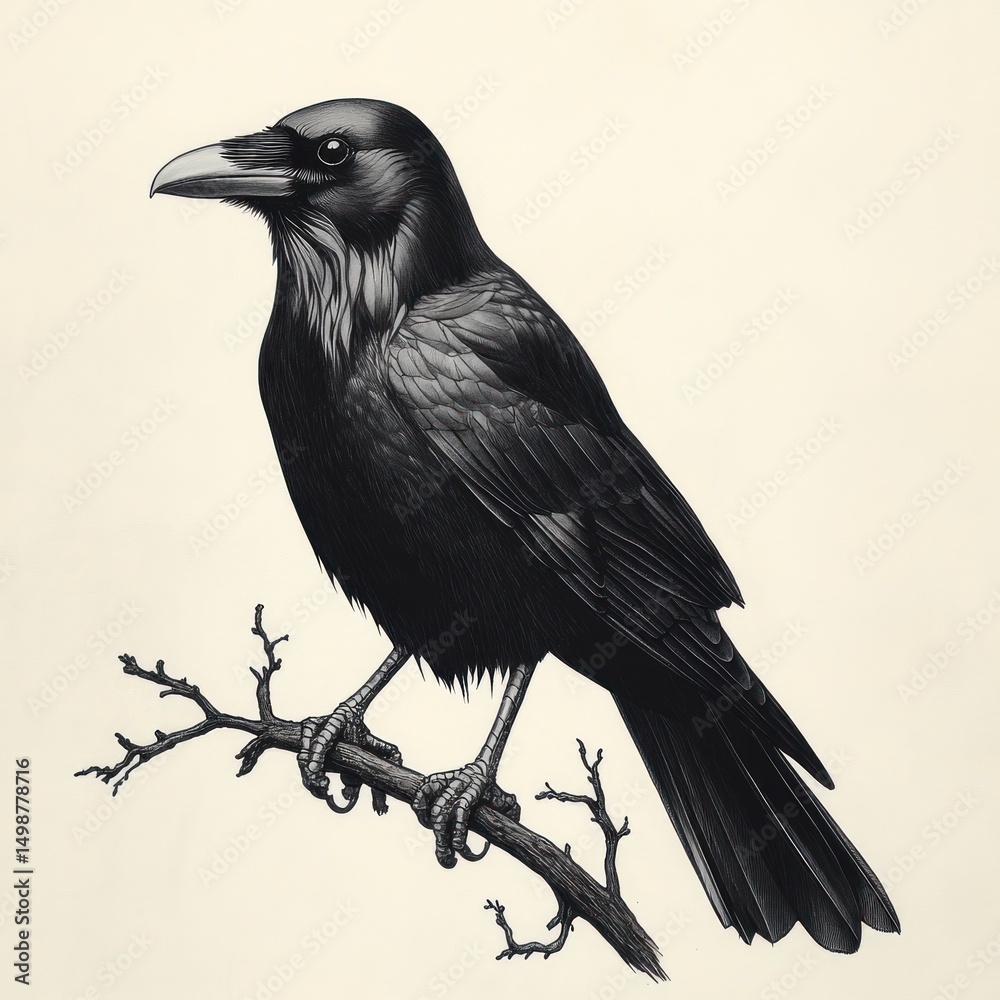 Fototapeta premium Detailed realistic illustration of a black raven perched on a bare branch with intricate feather textures and a clear focused expression