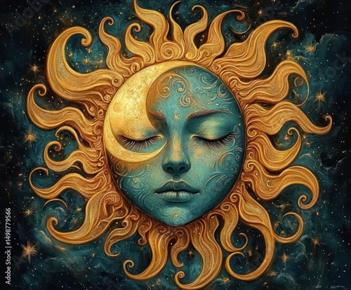 Surreal celestial face combining sun and moon with closed eyes, intricate swirling patterns, and radiant golden solar flames against a starry cosmic background, evoking calm and harmony
