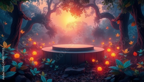 Flat podium in nature with glowing leaves, sunrise light, fantasy setting