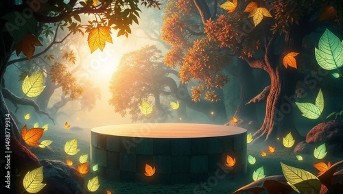 Flat podium in nature with glowing leaves, sunrise light, fantasy setting