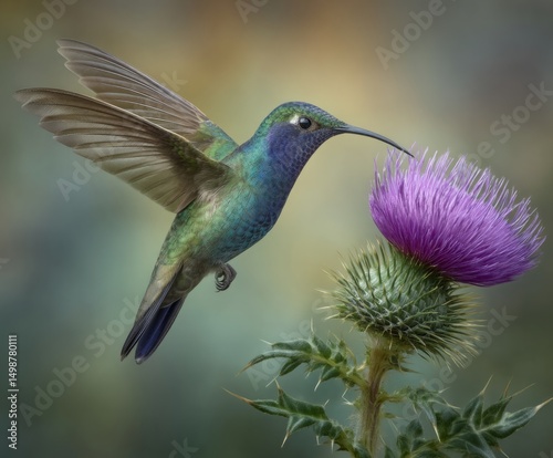 A hummingbird in flight next to a thistle. Copy space.