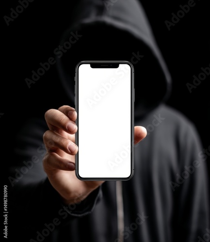 A hacker in a black hoodie holds a smartphone with a blank screen. The concept of this image is digital security, child safety on the internet, hacking, anonymity and cybercrime.