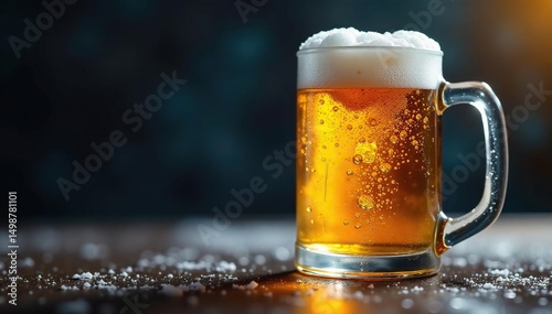 Frosty mug of beer, condensation dripping, bubbles rising , mug, refreshing, golden