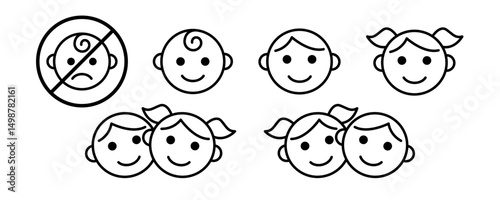 Suitable for babies, children, adults label icon set. Kids and child friendly icons. Baby safe approved. Suitable for kids logo, badge, sign, symbol isolated on white background. Vector illustration.